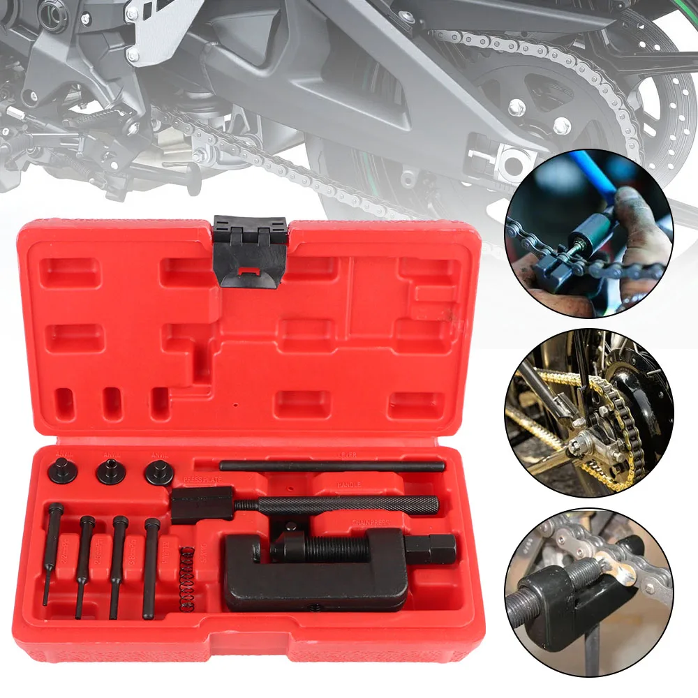 With Red Case Heavy Duty Riveting Repair Tool Kit Splitter Link Riveter Set Motorcycle Bike Cam Drive Chain Breaker 13Pcs