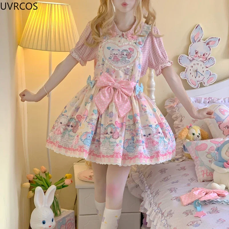 Japanese Style Sweet Lolita Princess Dress Women Cute Cartoon Dog Print Bow Strap Dress Kawaii Girl Fashion Tea Party Mini Dress