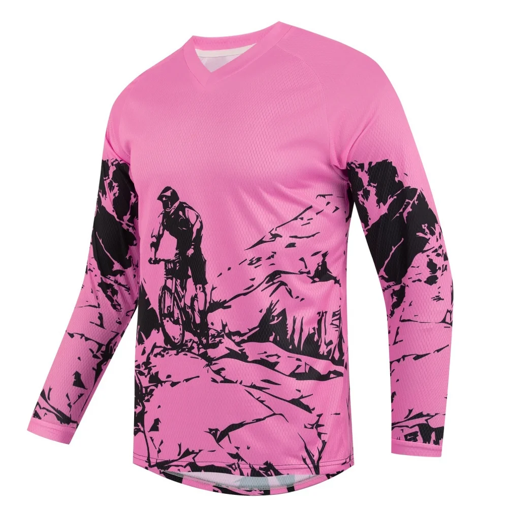 Camiseta Esportiva Masculina de Manga Longa com Estampa de Bicicleta de Montanha, Respirável, Decote em V para Ciclismo e Uso Diário