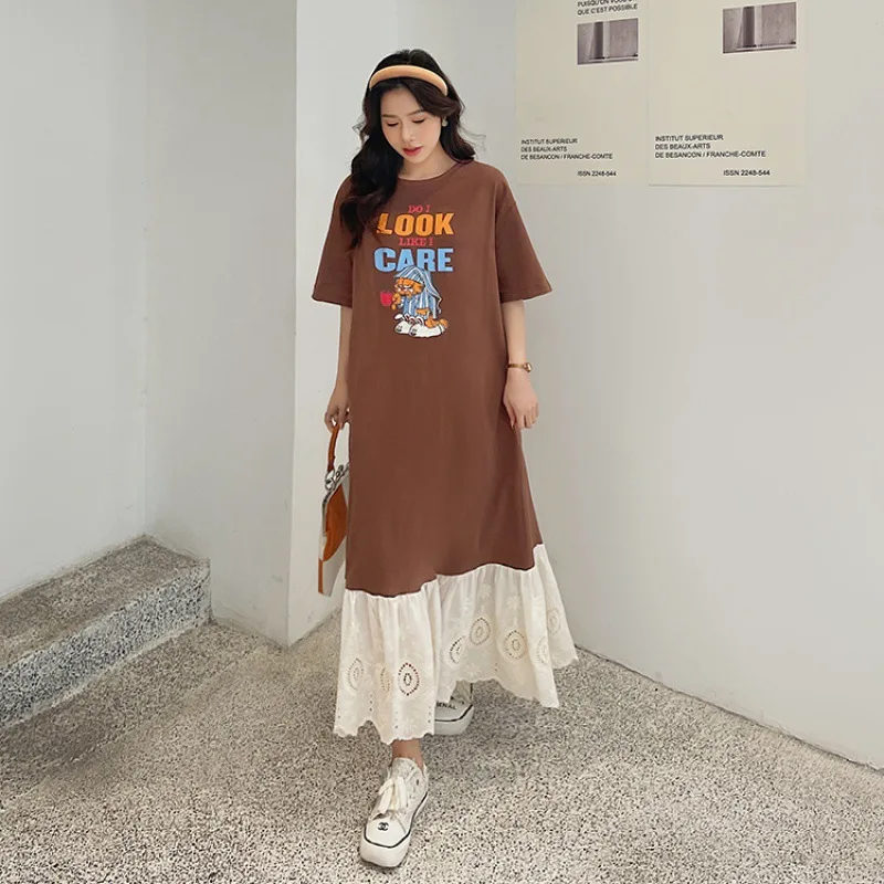 فستان نسائي صيفي فضفاض مقاس كبير لعام 2025 على الطراز الكوري بحاشية من الدانتيل وأكمام قصيرة فساتين طويلة رداء Elbise فساتين فيستدوس #5