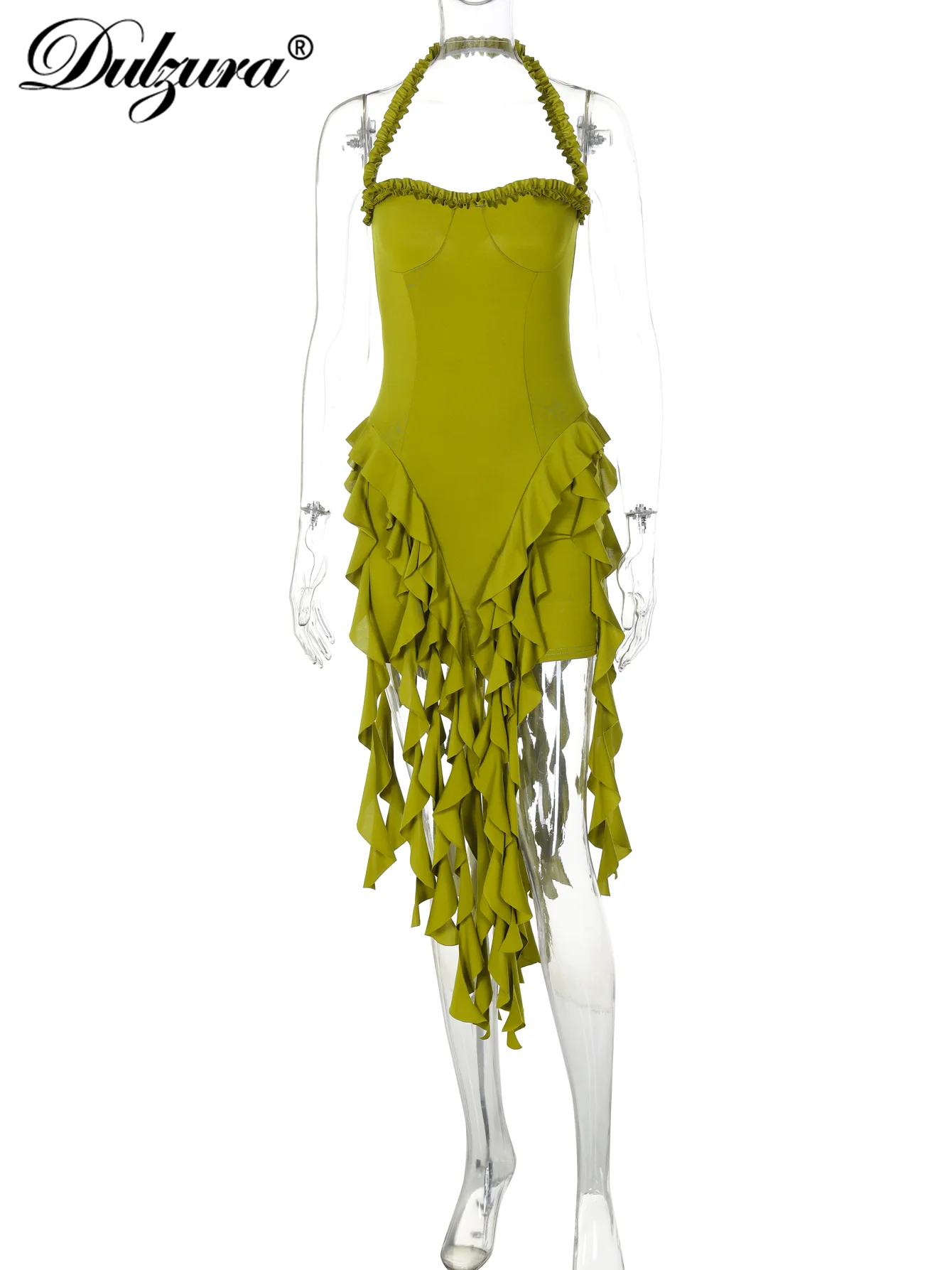 DulzuraแขนกุดHalter Ruffles Patchworkชุดมินิสตรีเซ็กซี่ชุดพรหมปาร์ตี้Clubwearฤดูใบไม้ร่วงฤดูหนาวเสื้อผ้า