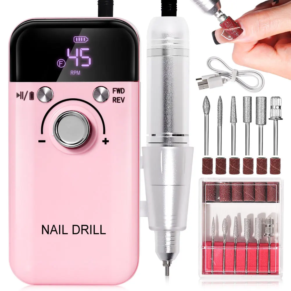 Original 45000RPM Rechargeable Nail Drill Machine with LCD Low Noise Professional Nail Polish Sander Nails Accessories Set