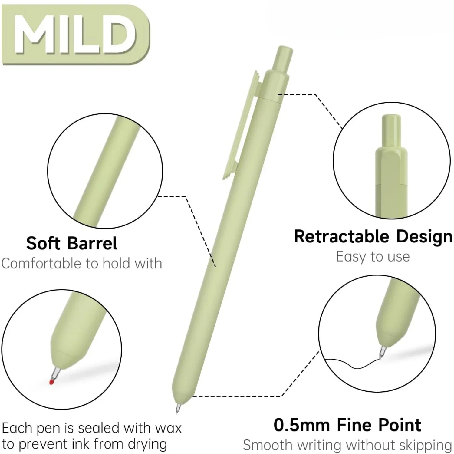 Intrekbare pen met zachte gelinkt, 11 pakjes zwarte inktpen, schattige pen, zachte emmer met fijne punt van 0,5 mm