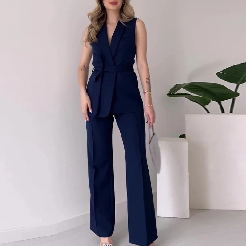 Lady Turn-down Collar Sleeveless Top with Long Pants Suit Elegant Temperament Solid Color Slim Set Fashion Lace Up Party Outfit