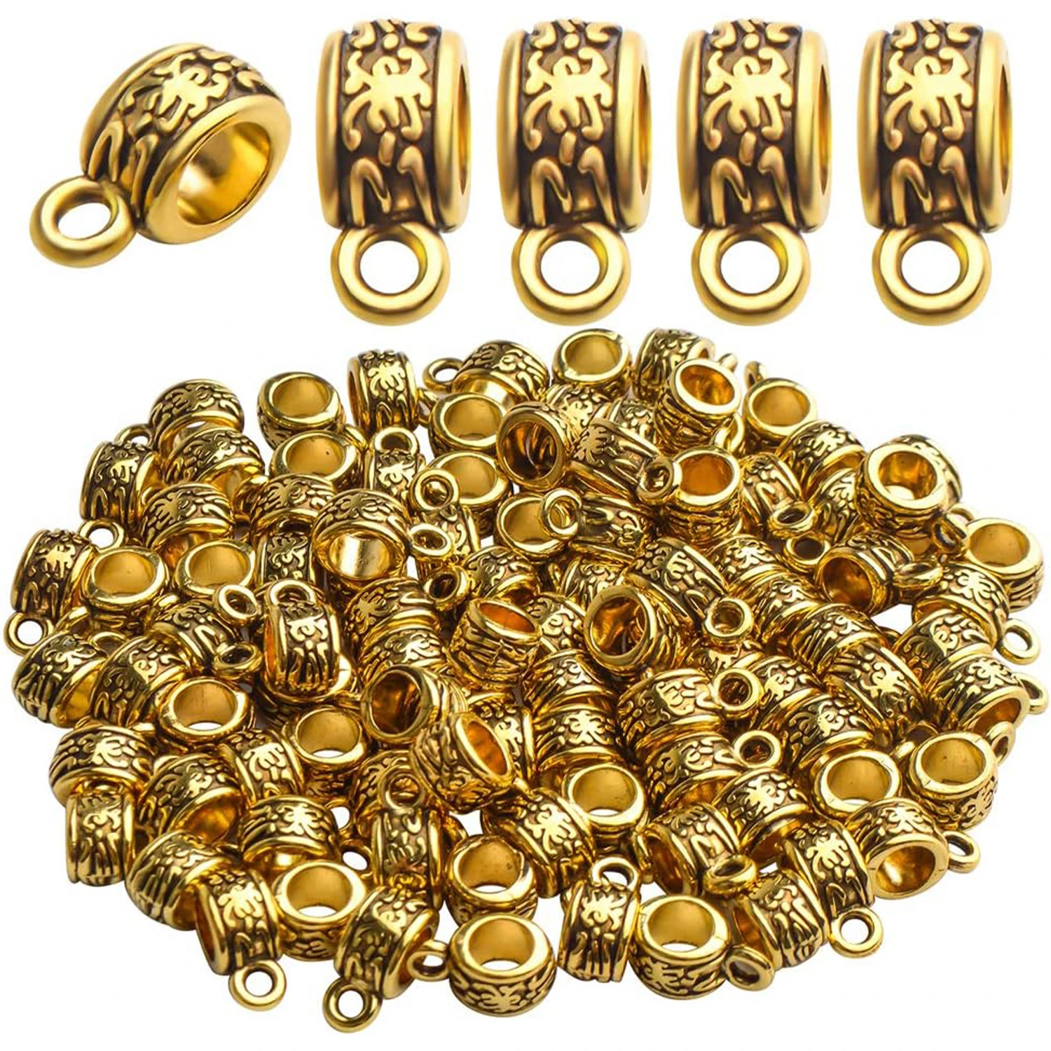 

100pcs Antique Gold Tibetan Pattern Bail Tube Beads for European Charm Bracelet DIY Jewelry Making
