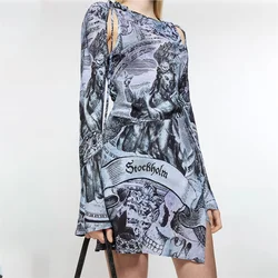 Women's dress New retro printed long sleeved mini dress for autumn 2024  Lace up slim fit Elastic Short dresses y2k midi dresses