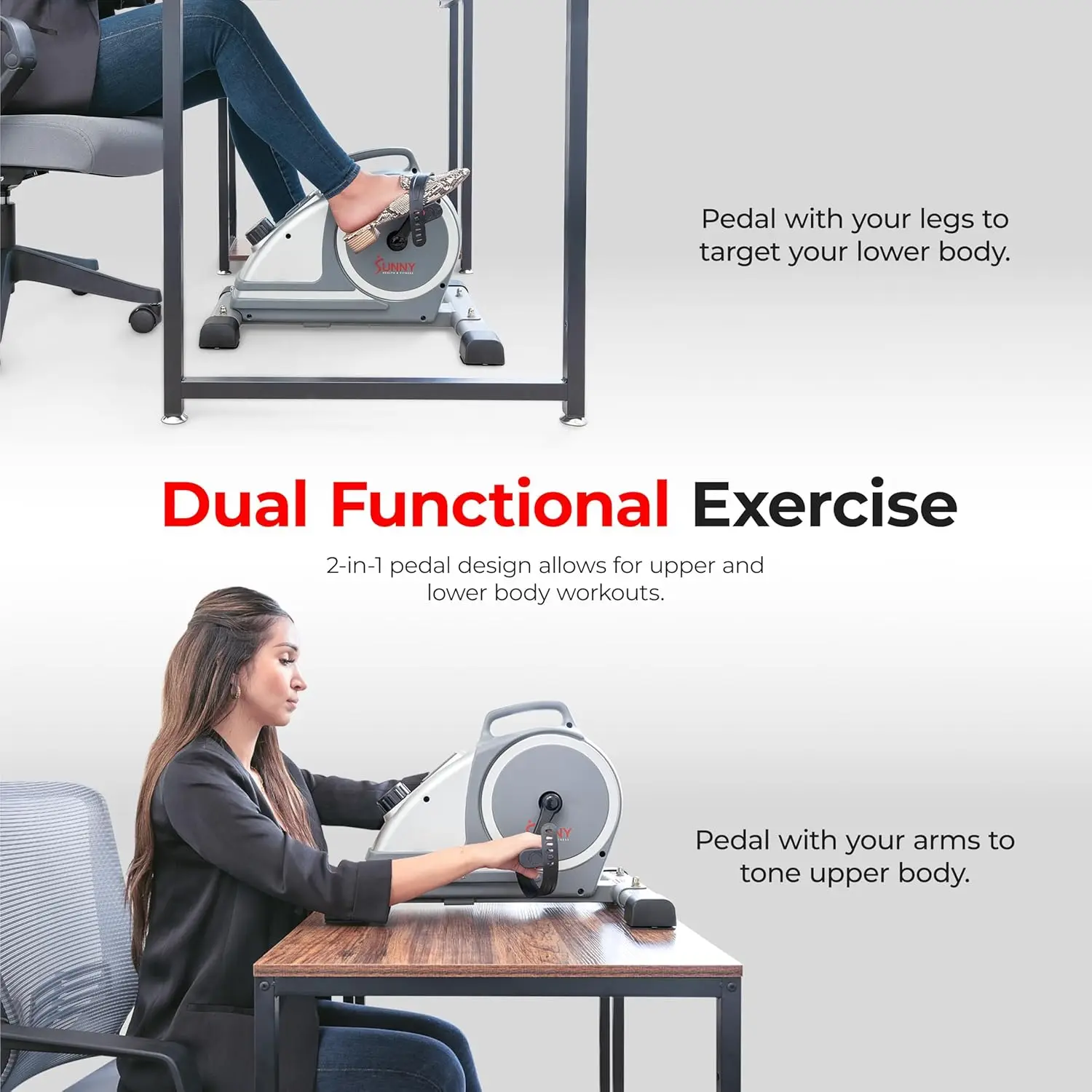 Sunny Health & Fitness Dual Function Under-Desk Bike Trainer, Mini Exercise Machine for Senior Training, Arm/Leg Cardio Cycle Wo view 2