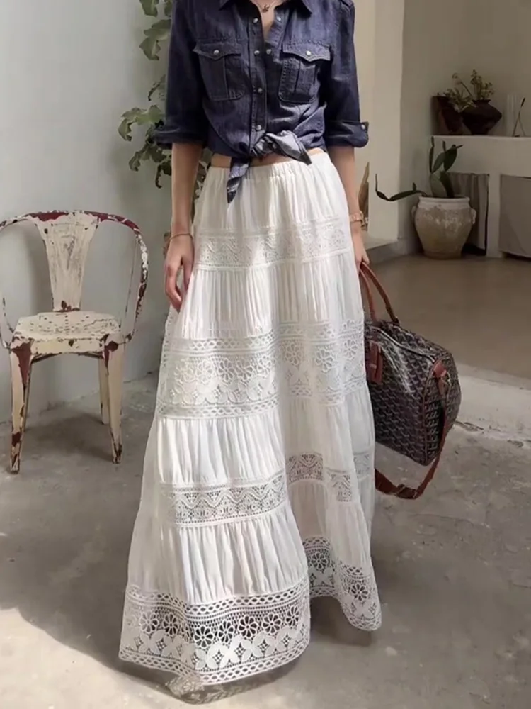 

Белая кружевная ажурная тяжелая юбка трапециевидной формы для женщин, летняя легкая утягивающая юбка с высокой талией, универсальная для поездок на работу