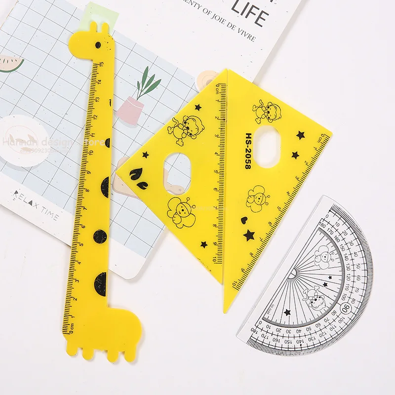 4Pcs/Set Creative Cartoon Ruler Student Learning Giraffe Four-piece Protractor Drafting Supply School Art Examination Stationery