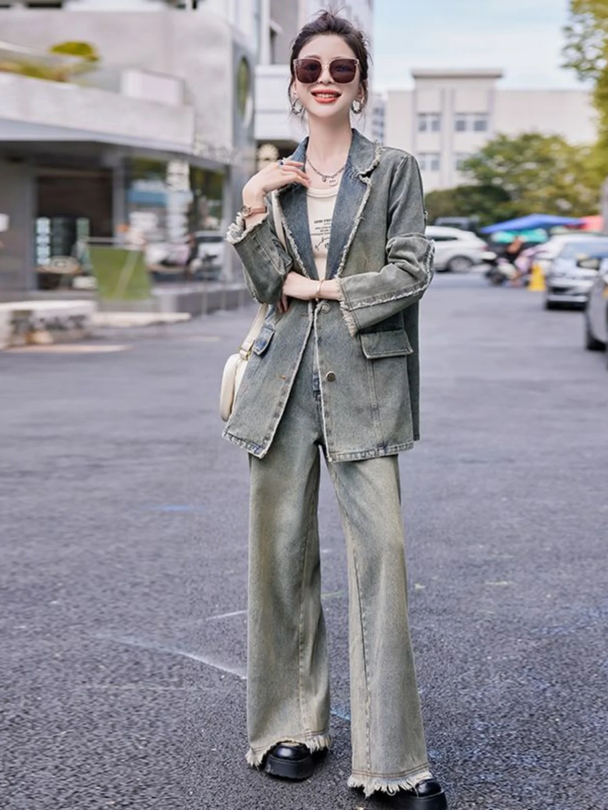 

Retro Denim Suit Women's Spring Autumn New Wide Leg Pants Loose Casual Two Piece Set Cotton Material Faionable Ensemble