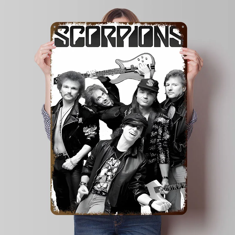 Scorpions Band Bedrucktes Poster Individualisierte Retro Wandkunst Vintage Metallschilder für Gaming-Dekoration Zimmer Schlafzimmer Dekorationen
