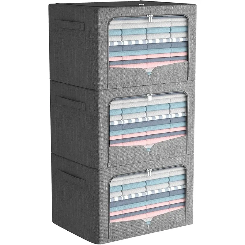

3 Pack Clothes Storage Bins - Foldable Metal Frame Storage Box - Stackable Linen Fabric Container Organizer Set with Carrying Ha