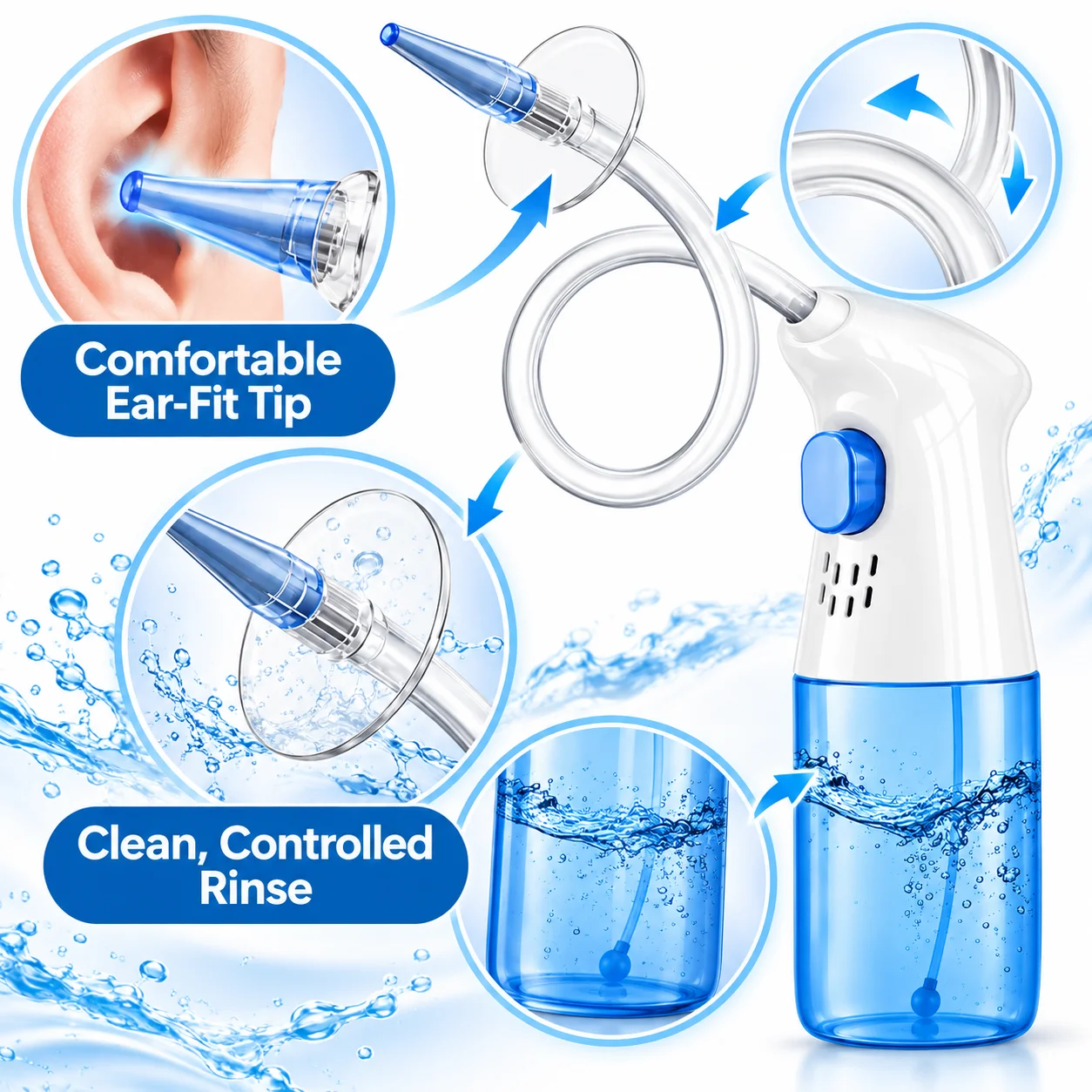 Manual Ear Washer, Automatic Water Flow Adjustment, With Waste Water Collection Box, 2 Nozzle Modes (Single Jet / Multi Jet), Includes 11 Nozzles, Safe At-Home Ear Cleaning Device