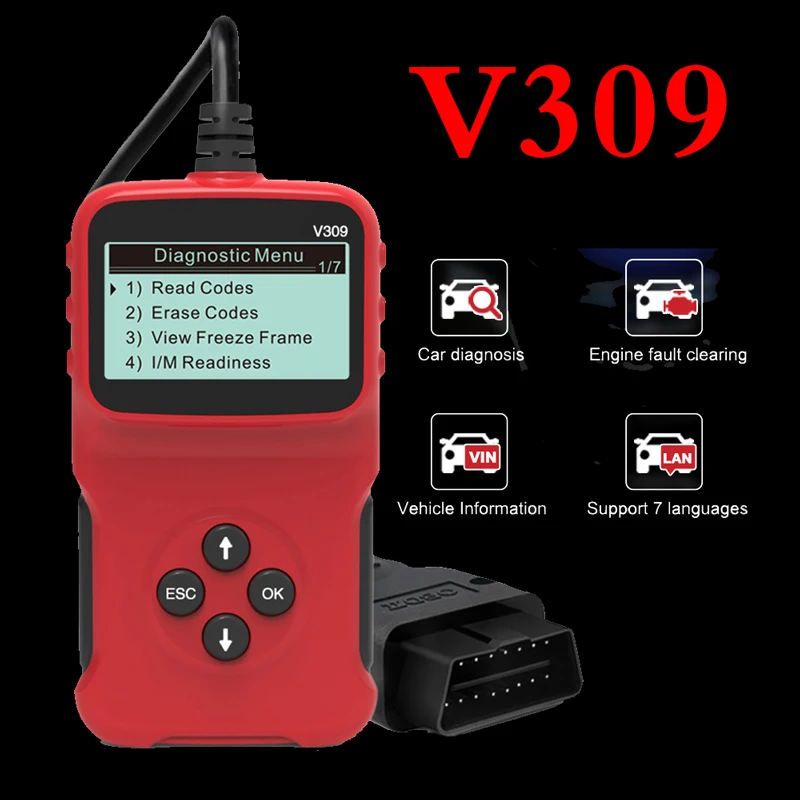 V309 OBD2 Scanner Car Diagnostic-Scanner Handheld Automotive Erase/Reset Fault Code Readers OBD 2 ii Auto Diagnostic Tools
