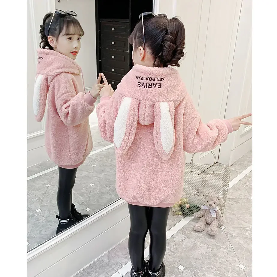 

2024 Korean Rabbit ears Hoodies Sweatshirts Baby Kids Outwear Plus Velvet Thicken Winter Autumn Top Children's 4 6 8 10 12Year