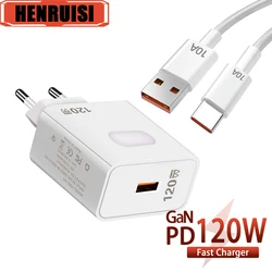 Ładowarka 120W GaN QC 3.0 USB do szybkiego ładowania dla iPhone 15 14 Pro Samsung Xiaomi Huawei 10A kabel USB C typu C do ładowania