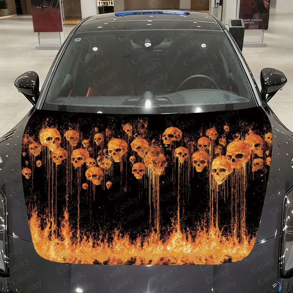 Flame And Skull Car Hood Stickers - Self Adhesive Waterproof PVC, Durable Car Accessories, Unique Holiday Gift Ideas For Car Ent