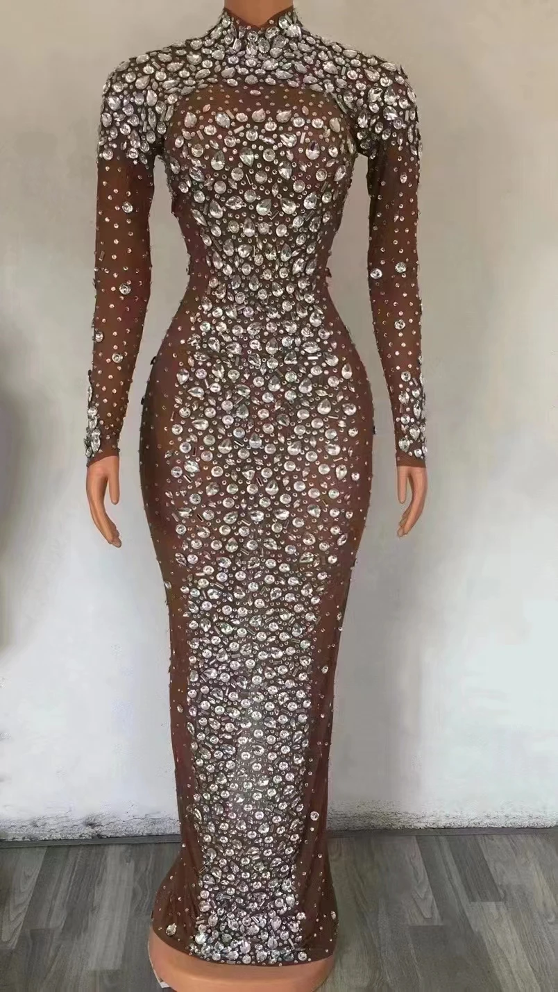 Mesh Birthday Celebrate Evening Wear FemaleSinger Show See Through Photography DressWomen Sexy Stage Rhinestone Long Dress  A400