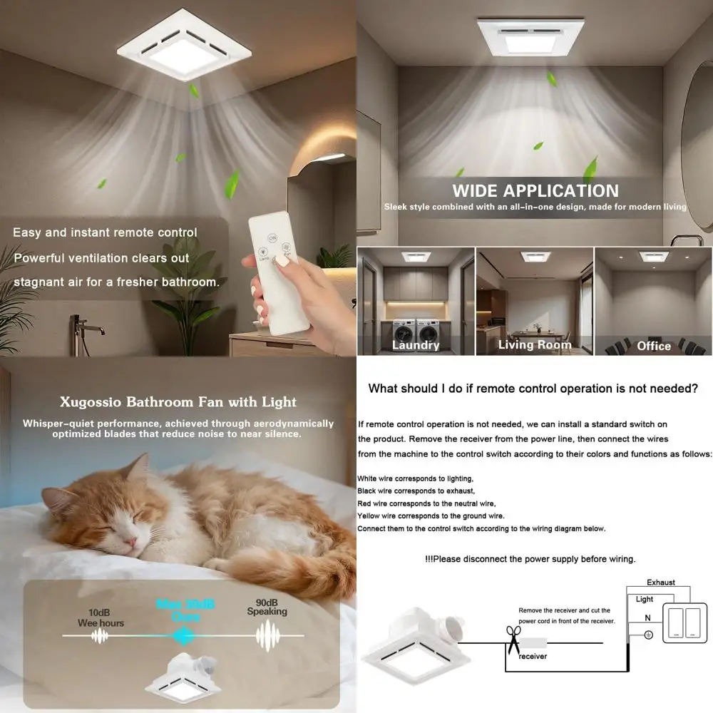 

10 Inch Quiet Bathroom Exhaust Fan with LED Light and Remote Control, 120 CFM Energy Efficient, 8.3x8.3 Inch Mounting