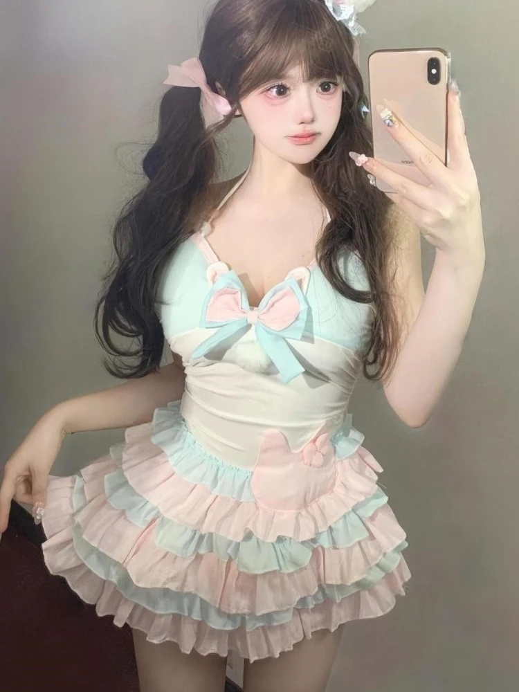 Vestidos elegantes de estilo dulce Harajuku para mujer, minivestido Y2k con bonito lazo y cuello Halter, diseño de pastel, trajes Retro de moda femenina 2025