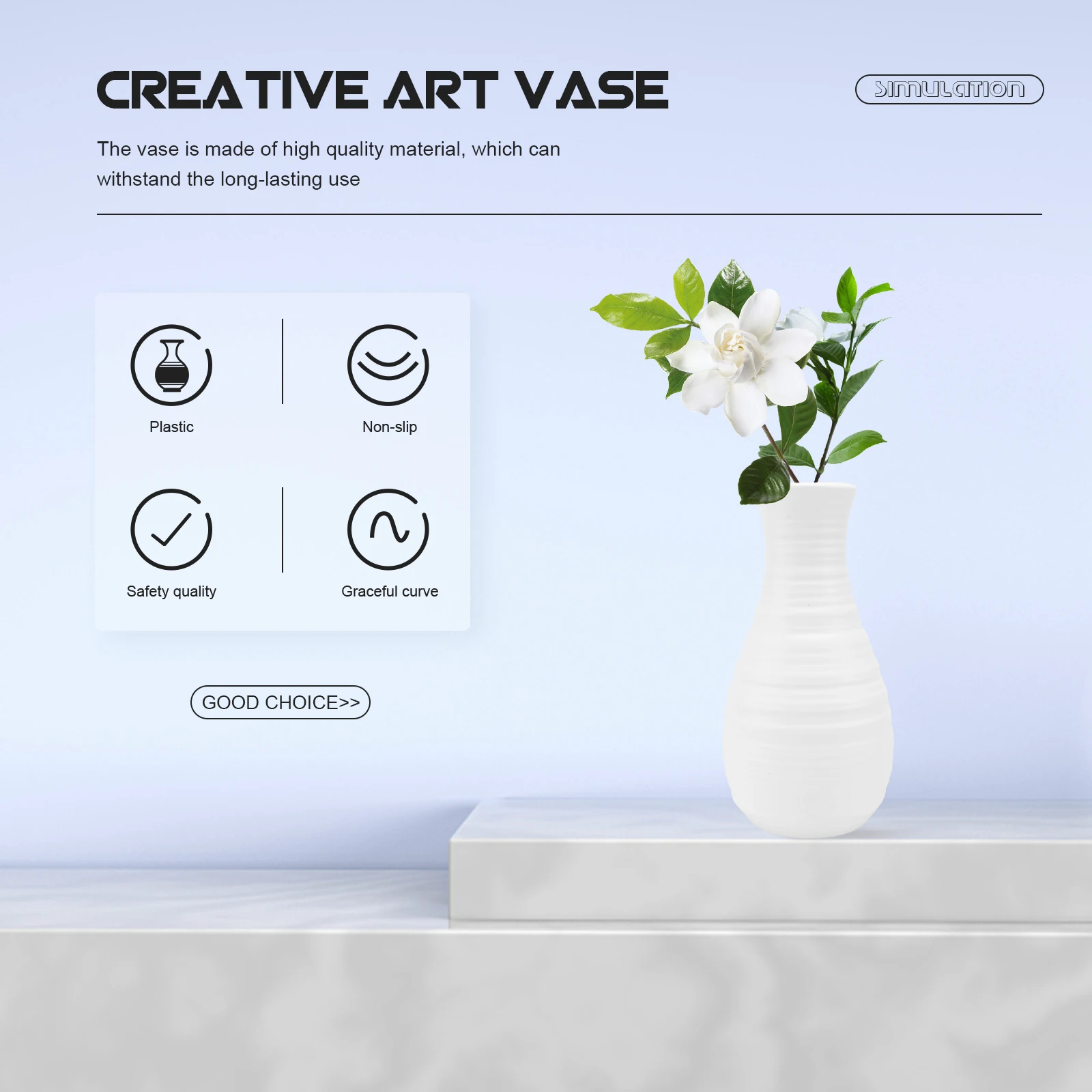 

Sturdy Plastic Flower Vase White Decor Simple Chic Modern Living Room Decorative Vase Flower Arrangement Holder Non-Slip Plants