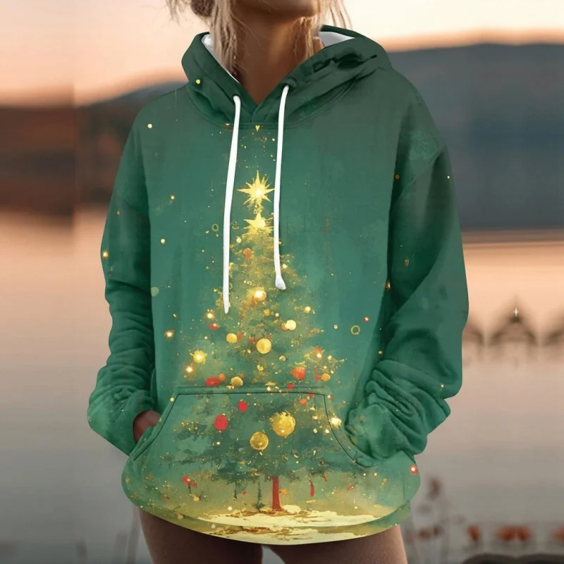 3D Printed Christmas Tree Hoodie For Women Snowman Pattern Sweatshirt Autumn Casual Tops Loose Pullovers Long Sleeves Hoodies