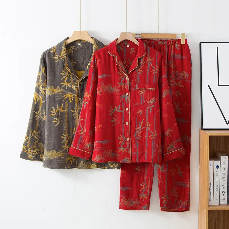 Women Pure Cotton Gauze Pajama Set Soft Breathable Oriental Bamboo Print Sleepwear All Season Classic Lapel Home Wear Elegant