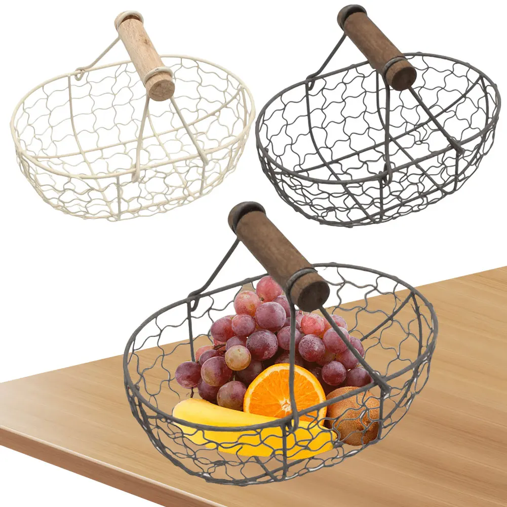 Cesta de armazenamento de ferro com alça de madeira cesta de frutas vegetais armazenamento de alimentos fotografia adereços para casa cozinha sala de estar