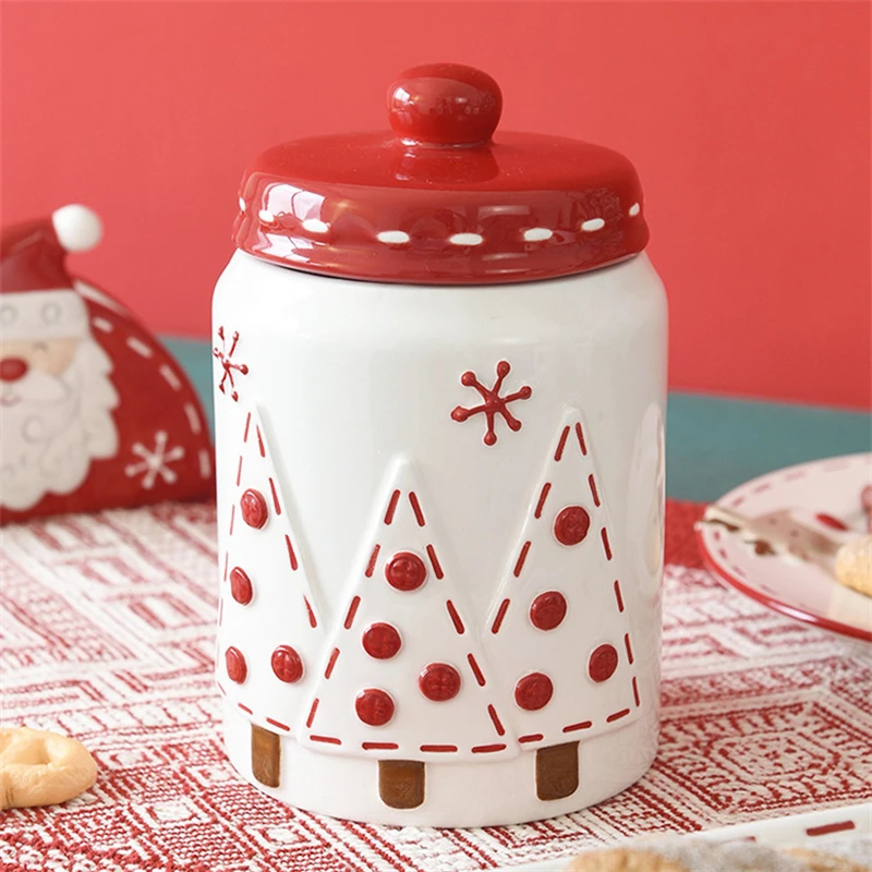 Nordic Style Santa Claus Printed Round Sealed Jar Large Ceramic Snack Jar Creative Christmas Gift Storage Storage Jar