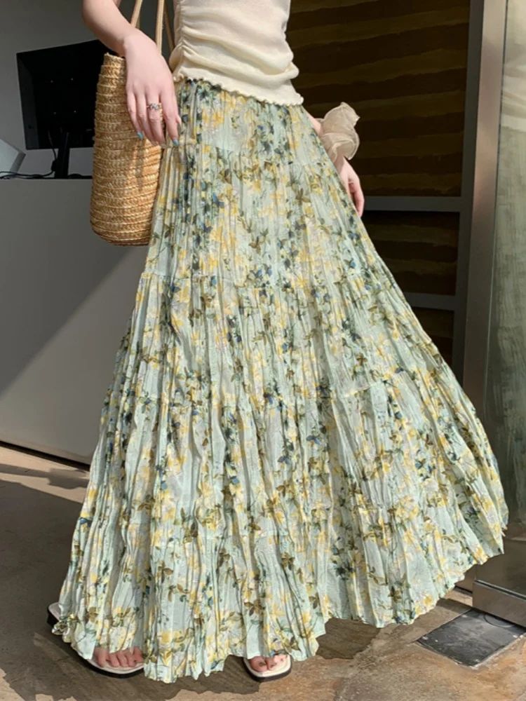 

SMTHMA 2025 New Fashion Printed Holiday Long Skirt For Women Super Fairy Folding Big Swing Skirt