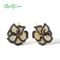 SANTUZZA Pure 925 Sterling Silver Earrings For Women Sparkling White CZ Brown Spinel Sweet Flower Wedding Gift Chic Fine Jewelry