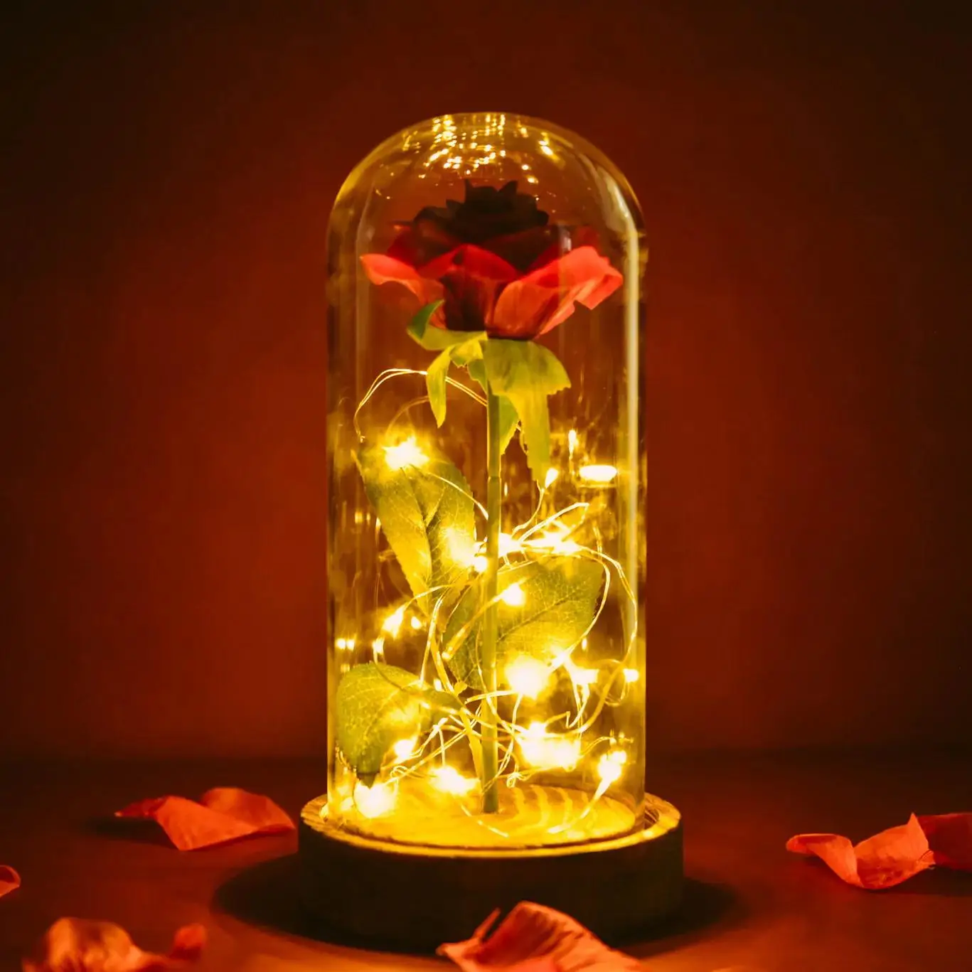 LED Enchanted Silk Rose Eternal Beauty Rose With Fairy Lights in Glass Dome Gifts for Valentine's Day Wedding Party Mother's Day