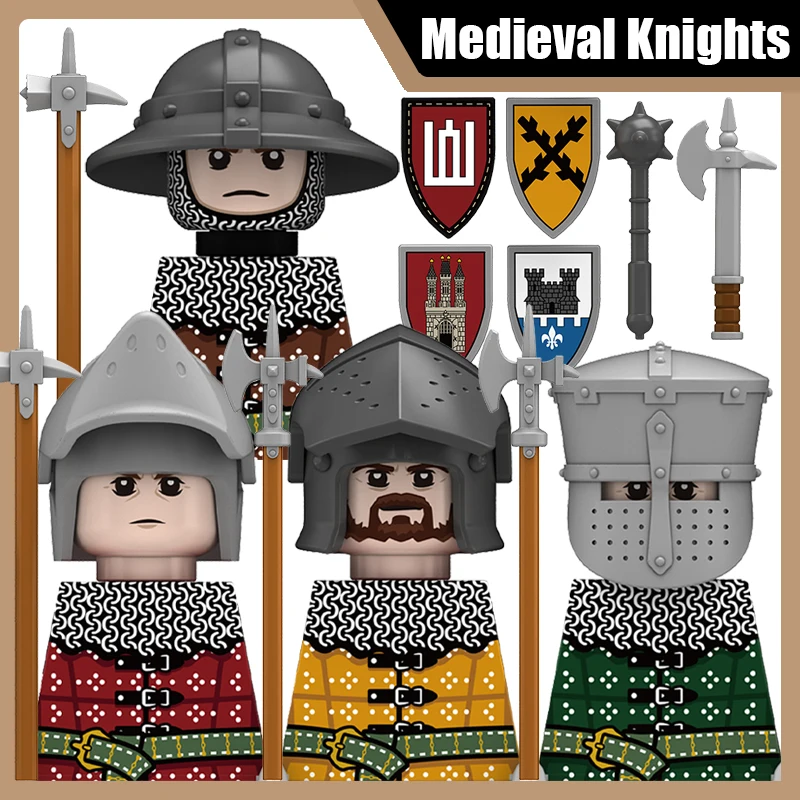 Briques de construction MOC Château médiéval Chevalier Soldat Figurine Blocs de construction Militaire Armée Infanterie Guerrier Bouclier Armure d'épaule Casque Jouet