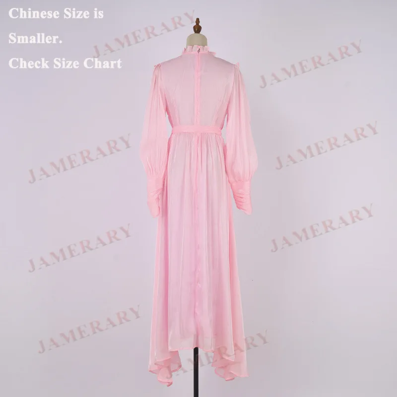 Elegant Autumn Faux Silk Luxury Bead Ruffle Neck Long Sleeve Women Dress Formal Prom Dresses Summer Vestidos