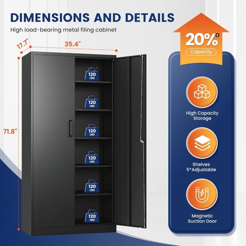 خزانة تخزين معدنية مقاس 72 بوصة من Yizosh مع بابين قابلين للقفل و5 أرفف قابلة للتعديل لتنظيم المرآب