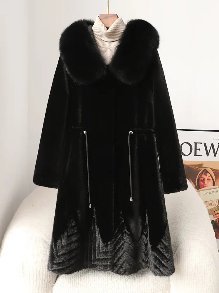 Abrigo de piel de visón dorado, cuello de piel de zorro con capucha de longitud media para mujer, abrigo de piel de visón integrado de piel