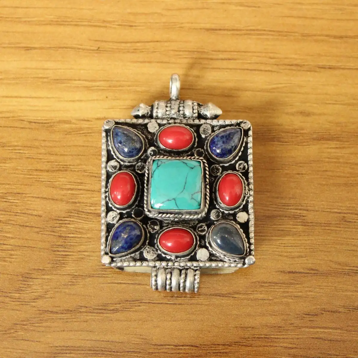 PN257 Ethnic Tibetan Silver Metal Inlaid Lapis Coral Colorful Store Square Prayer Gau Box Pendant Necklace