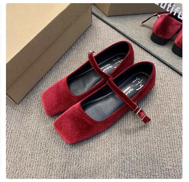 

Туфли Мэри Джейн, женские туфли из флока, новинка 2025, женские балетки на плоской подошве, женские корейские замшевые туфли на плоской подошве с квадратным носком