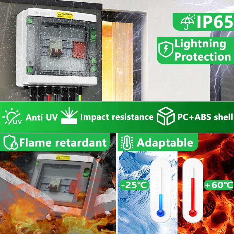 CNLonQcom PV Combiner กล่อง 2 ใน 1 ออก DC500V 2 สายพร้อม Circuit Breaker และป้องกันฟ้าผ่าและฟิวส์ IP65 สําหรับกลางแจ้ง PV