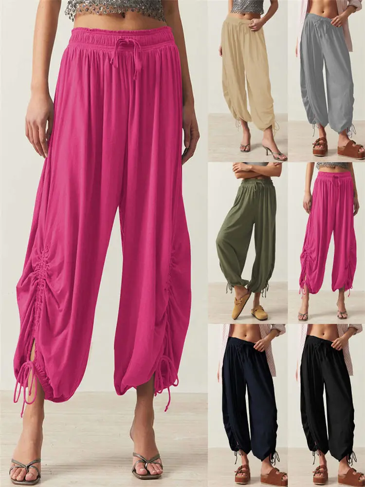 

2024 Women Drawstring Bloomers Sloppy Wide Leg Sarouel Side Pleats Elasticated Waist Harem Pants