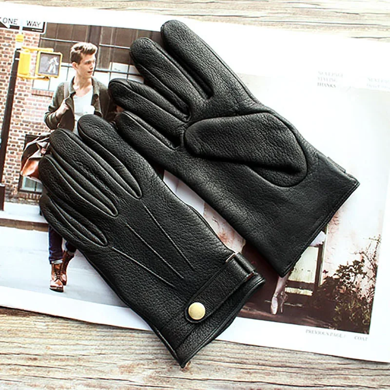 Men's Leather  Motorcycle Riding Gloves Thin Wool Lining New Velvet Lining Winter Warm Car Driving Gloves Arch