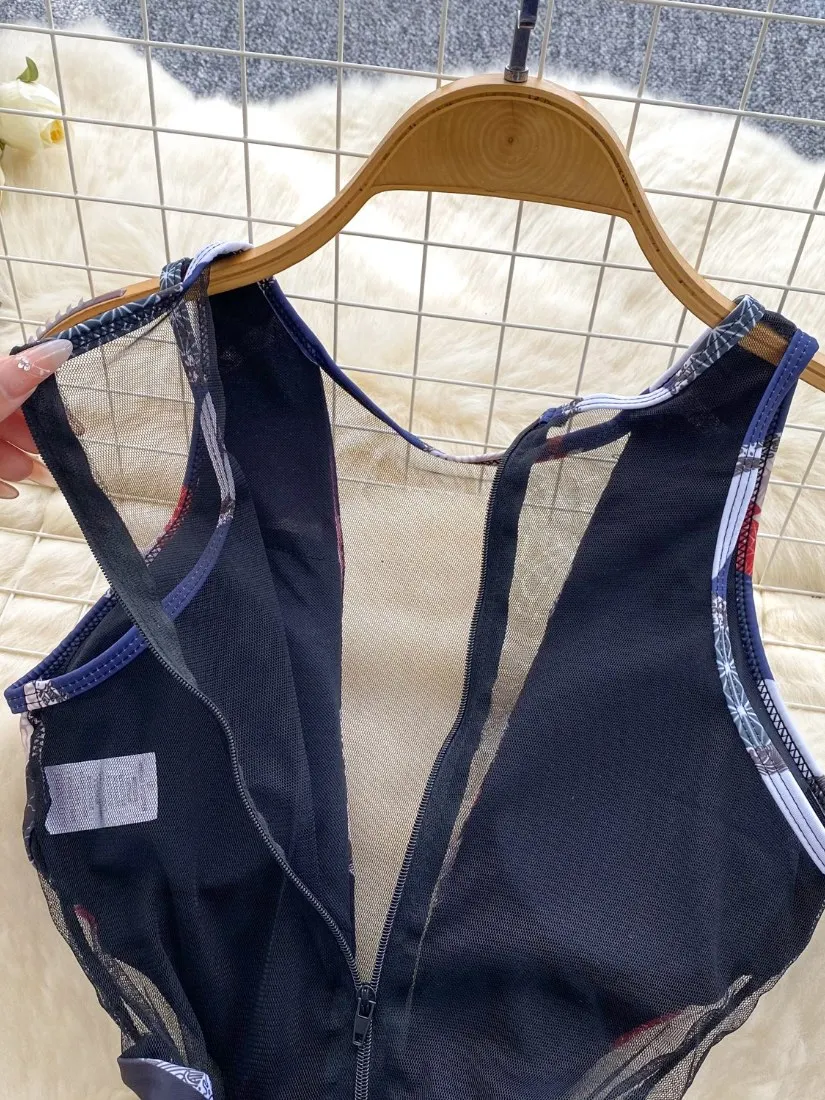 Foamlina-Body europeo sin mangas para mujer, traje de baño Sexy transparente con estampado de almazuela de malla, traje de baño sin mangas