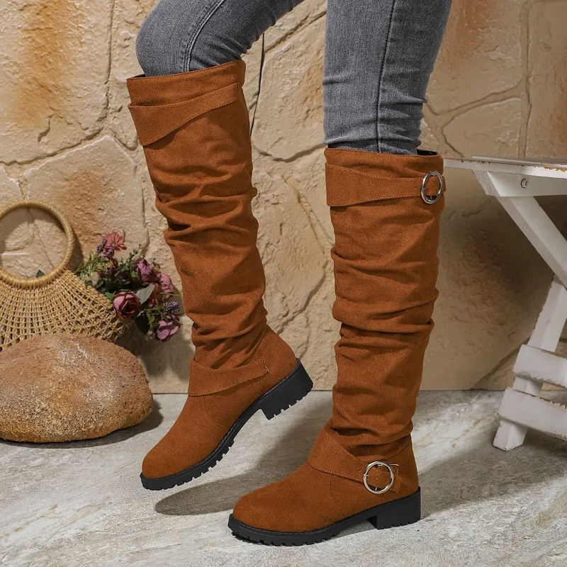 2024 novas botas de cano médio sapatos femininos primavera outono botas altas longas ocidental cowboy deslizamento em botas calçados femininos tamanho grande