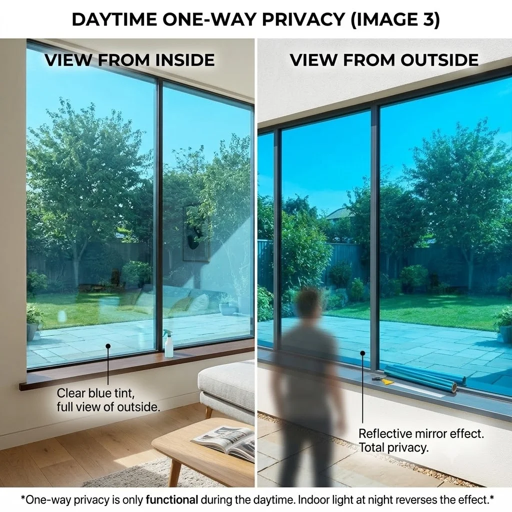 Static Cling  One Way Window Film, Bright Blue Front Silver Back Reflective Privacy Sun Blocking Glass Sticker for Home Office