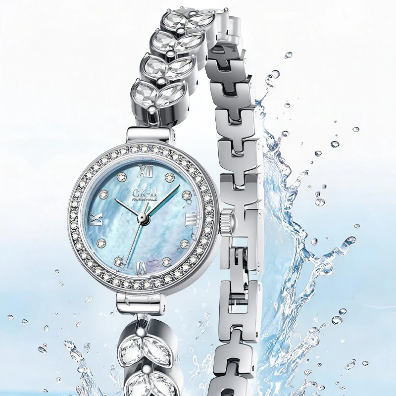 MARK FAIRWHALE Women Quartz Watch Leaf Shaped Zircon Strap Roman Scale Dial Metal Case Daily Waterproof Female Wristwatch