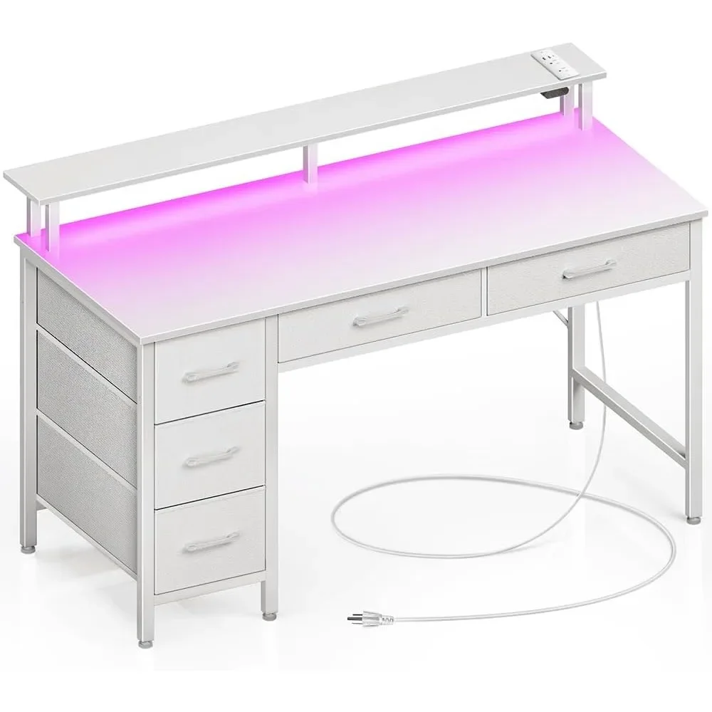 

Computer Desk with Power Outlets & LED Light, 39 inch Home Office Desk with 5 Drawers, Writing Desk with Monitor Stan