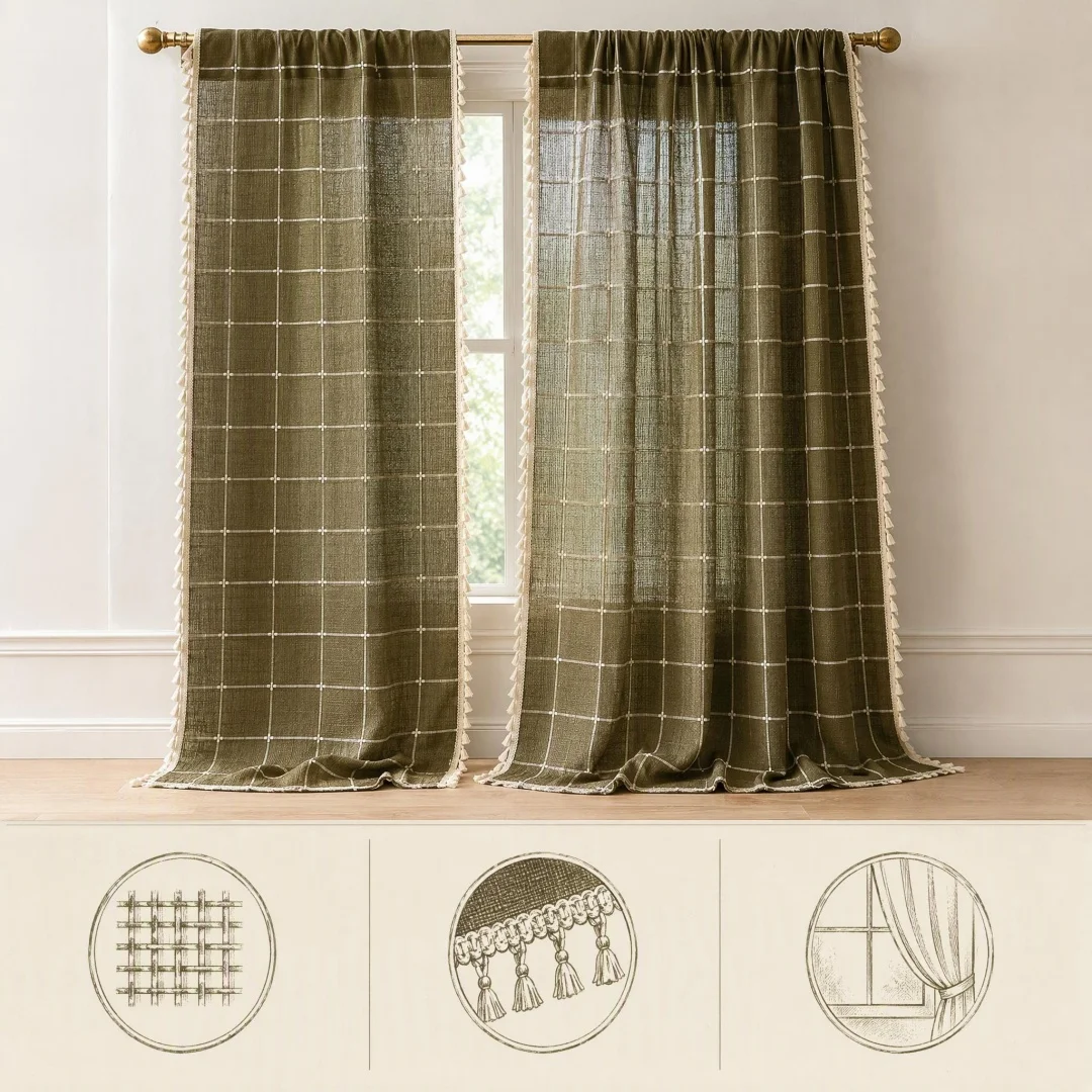 Retro green color matching and semi-shading sun protection living room balcony kitchen floating curtains