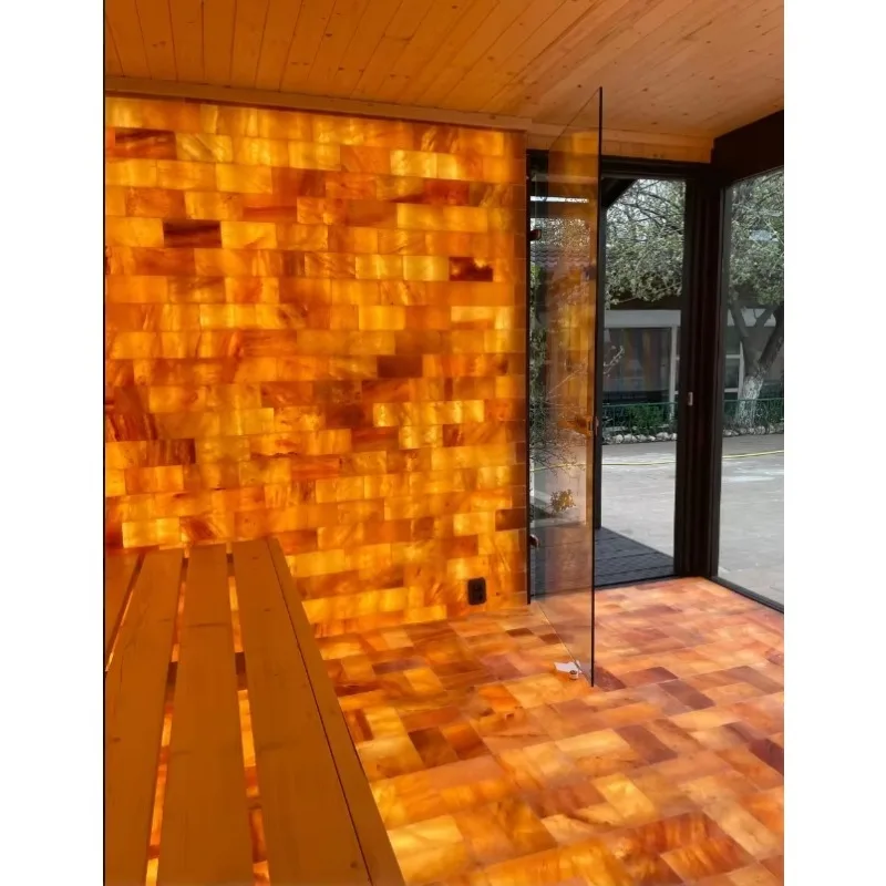 Outdoor Sauna Cabin With Himalayan Salt Wall And Glass Panels For Villa And Resort Projects
