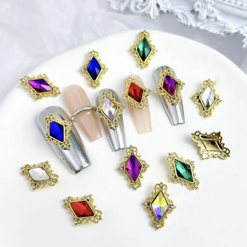 10Pcs Light Luxury Metal Alloy Lozenge Nail Charms Colorful Glass Diamond Inlaid Geometric Nail Art Decorations for DIY Nails