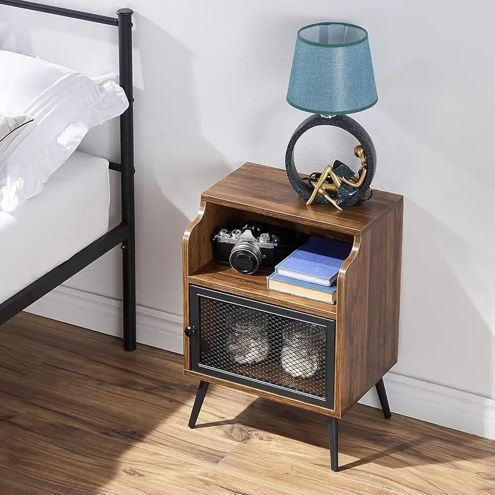 Modern Nightstand Set Of 1, End Table With Storage Cabinet, Industrial Night Stand With Open Drawer Shelf For Living Room,